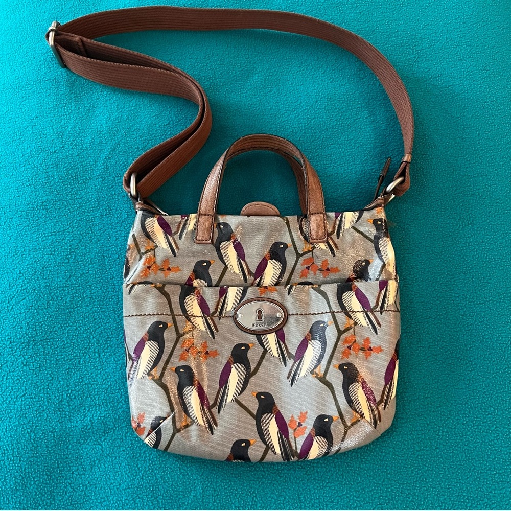 Fossil Bird Print Crossbody Bag with Brown Trim